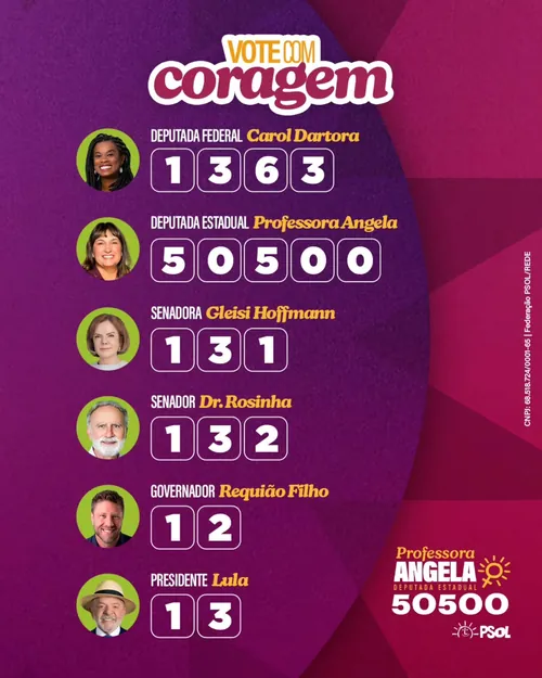 Colinha Vote com coragem: Carol Dartora 1363 para deputada(o) federal com Professora Angela 50500