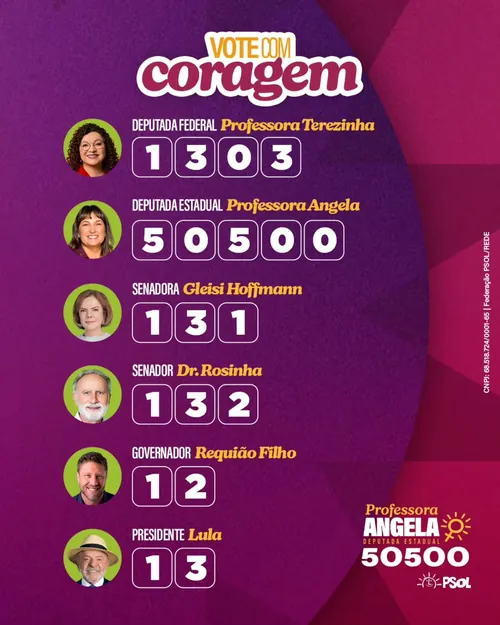 Colinha Vote com coragem: Professora Terezinha 1303 para deputada(o) federal com Professora Angela 50500